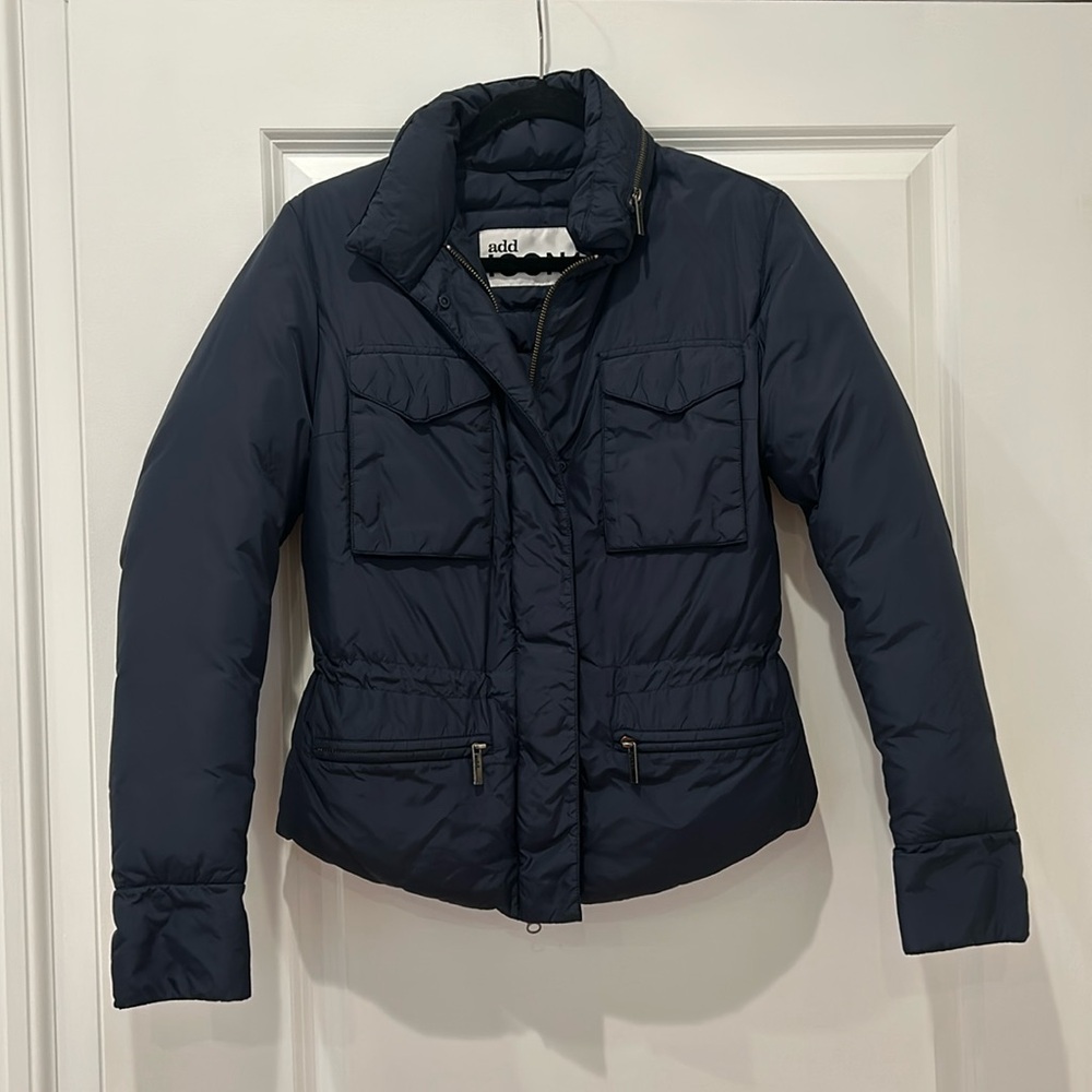 Add women’s navy coat with hood that can we hidden